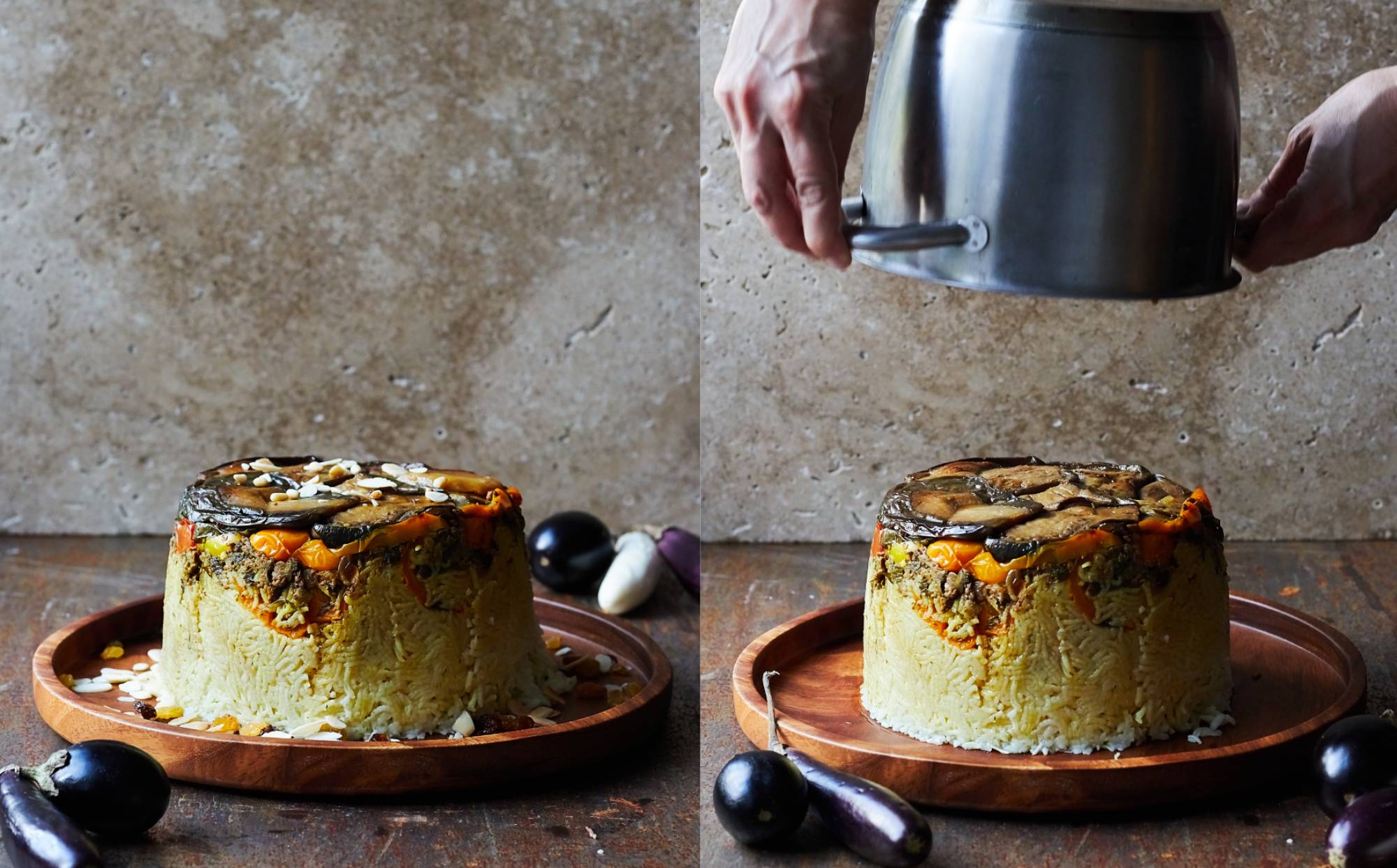 Maqloobat bathinjan, a traditional Iraqi dish made with aubergine.