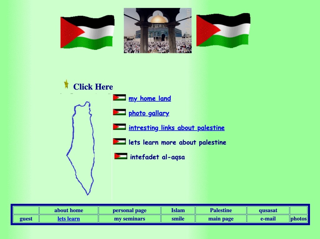 Een screenshot van een oude website over Palestina met tekstlinks, geanimeerde GIFs van Palestijnse vlaggen, en een afbeelding van de al-Aqsamoskee.