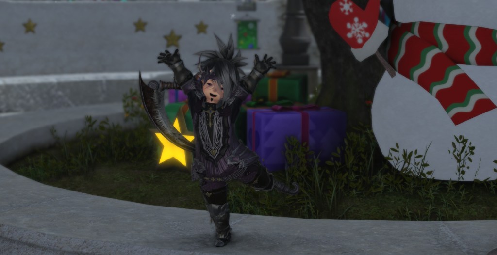 Chetus Jetus doing the /joy emote on a platform in Limsa Lominsa
