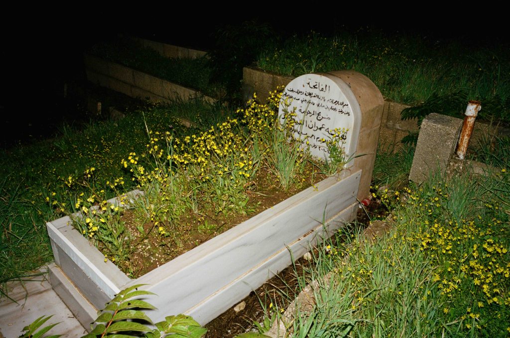 Flowers grow from a grave in Palestine
