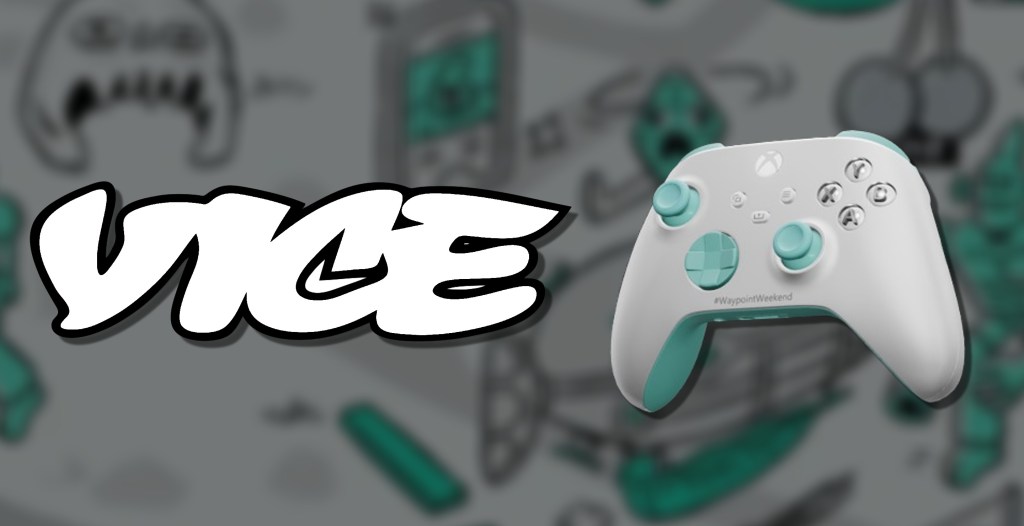 An image of Waypoint weekends, featuring a custom Xbox controller and the VICE logo